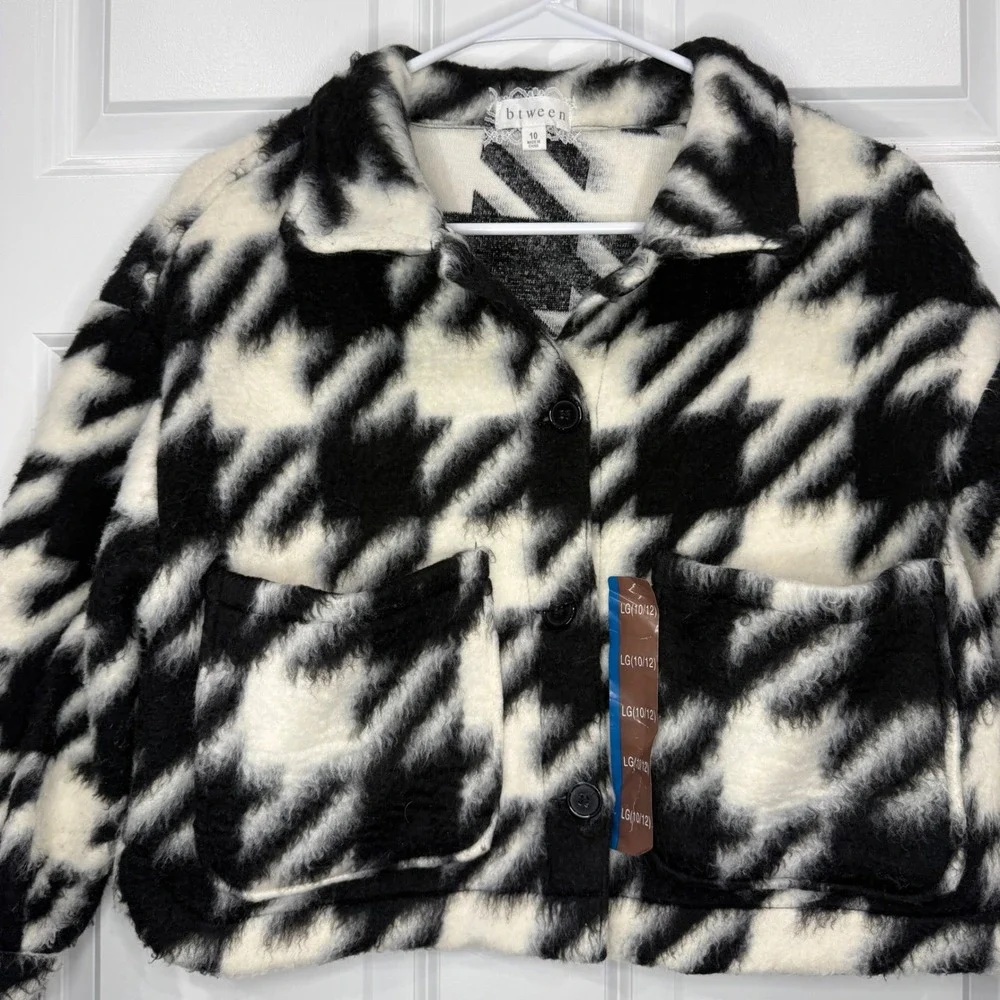 Btween Girls Black White Houndstooth Fuzzy‎ Shacket Jacket Size 10 LG 10/12